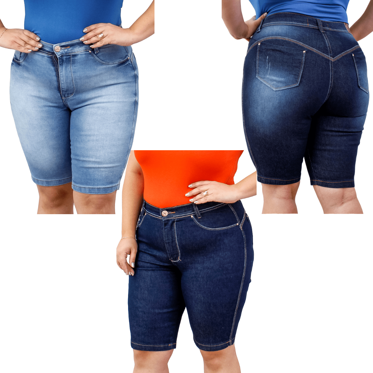 Bermuda Feminina Jeans Plus Size Ciclista Cintura Alta Lycra